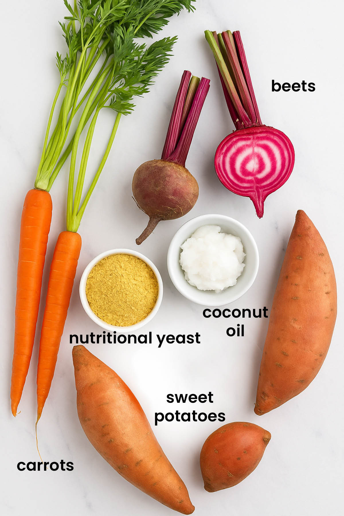 individual ingredients for veggie treats for dogs laid out against a white background.