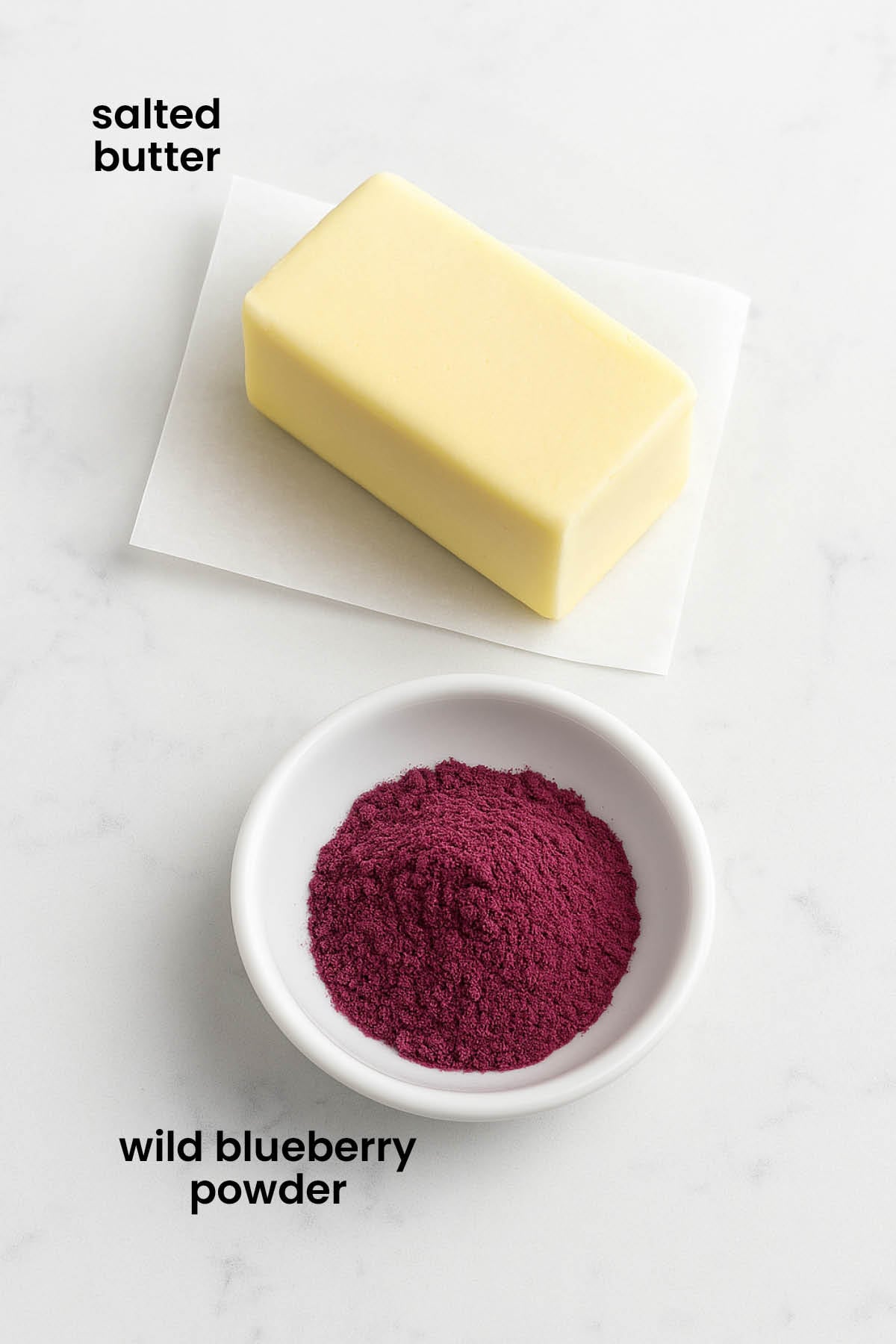 individual ingredients for blueberry butter spread laid out against a white background.