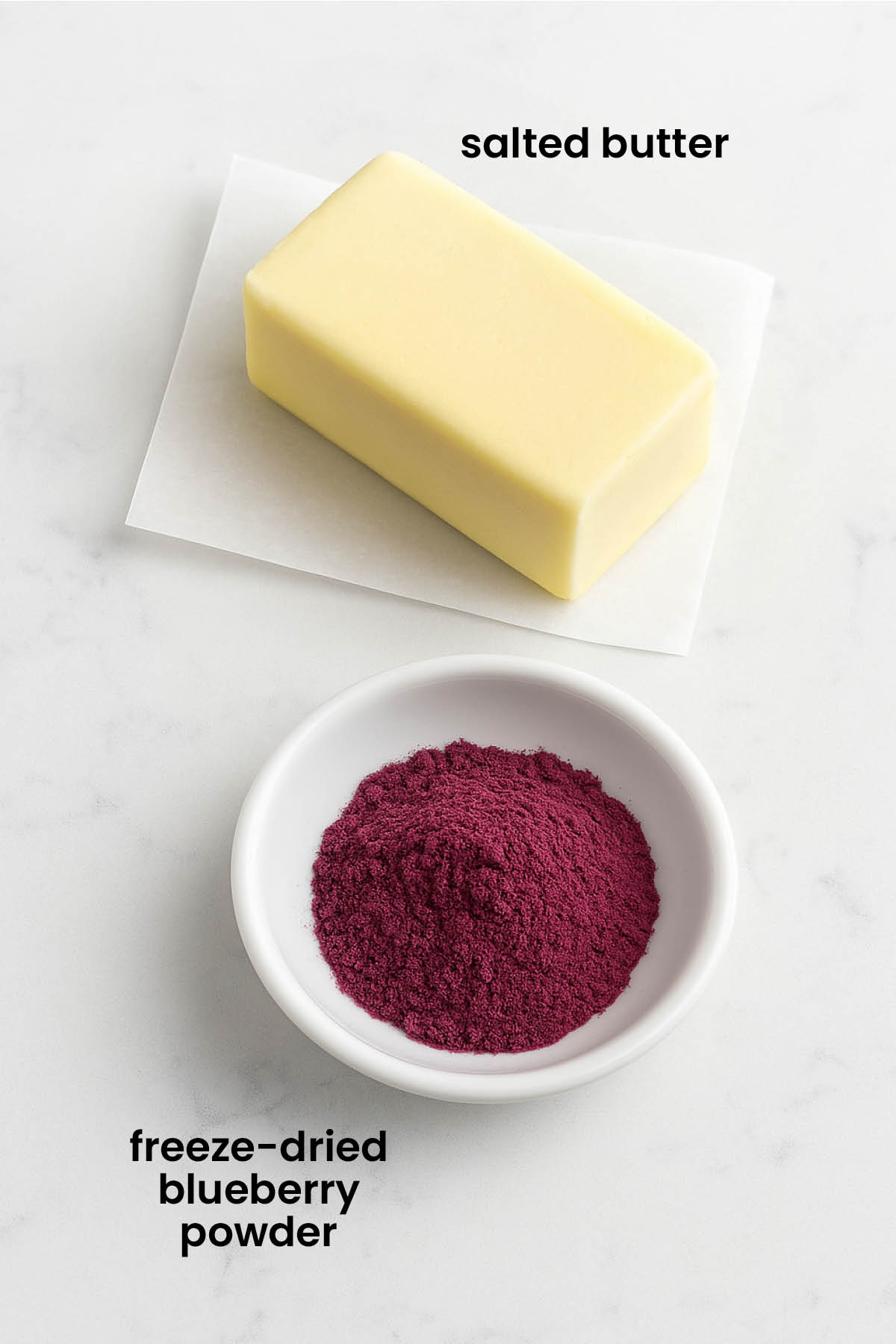 individual ingredients for blueberry butter spread laid out against a white background.