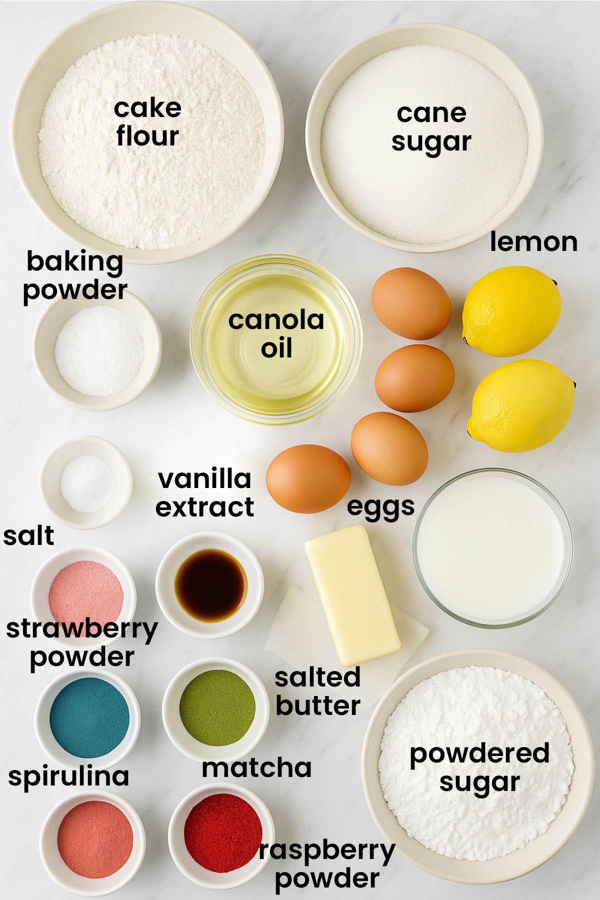 individual ingredients for a flower cake laid out against a white background.