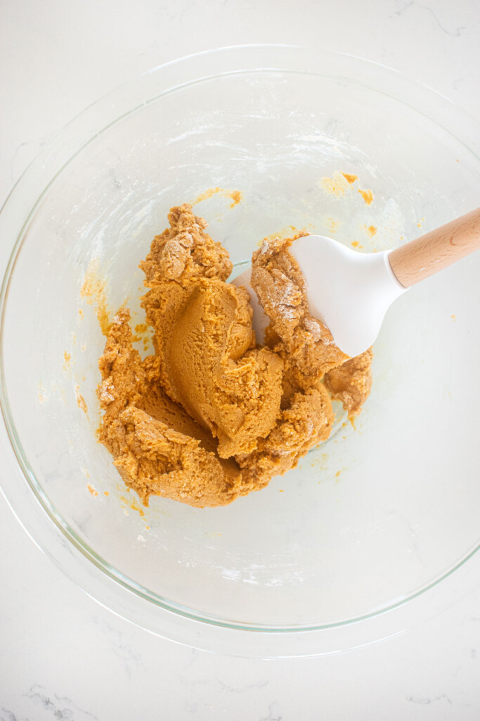 mini peanut butter oat dog treat dough mixed in a mixing bowl on the countertop.