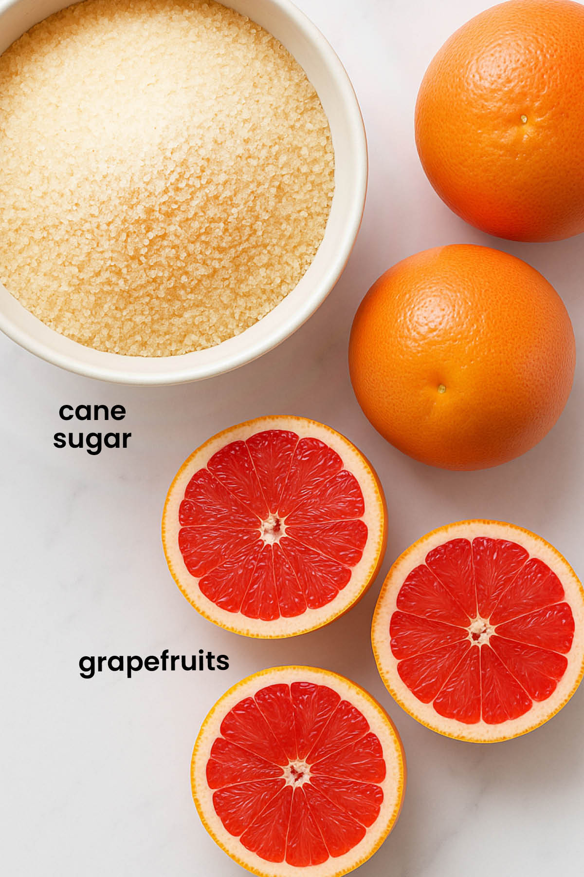 individual ingredients for organic pink grapefruit juice laid out against a white background.