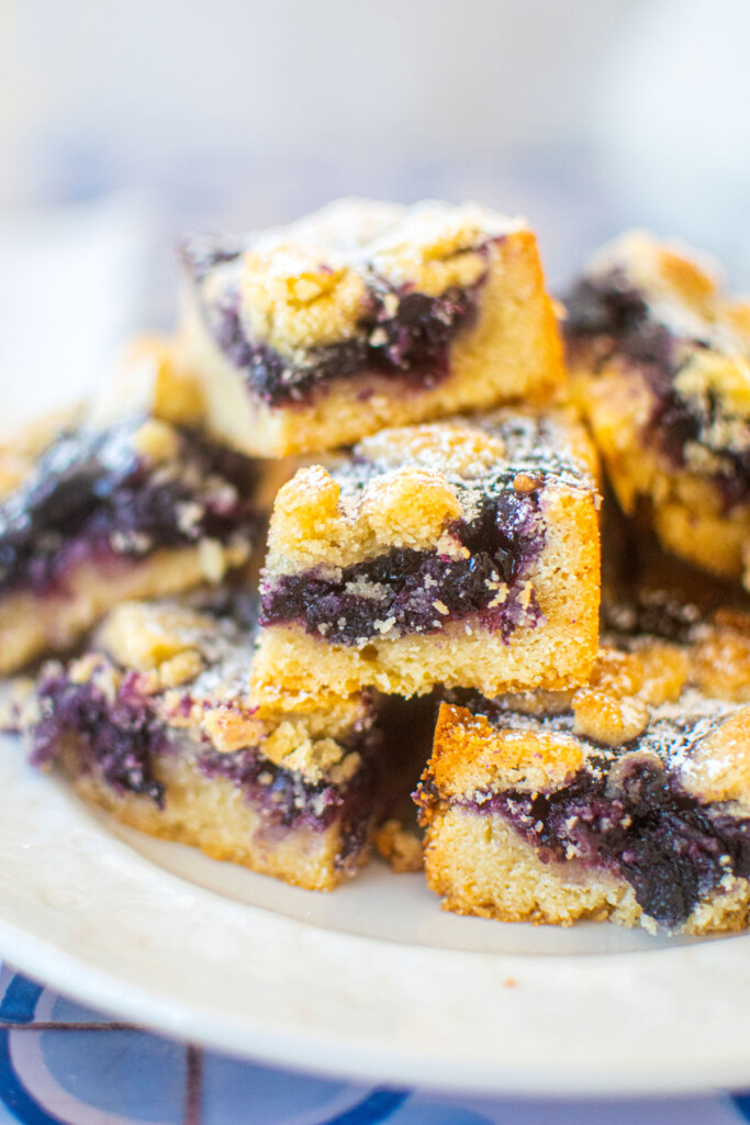 sourdough blueberry crumb bars on a plate on a blueberry tile table with fresh flowers.