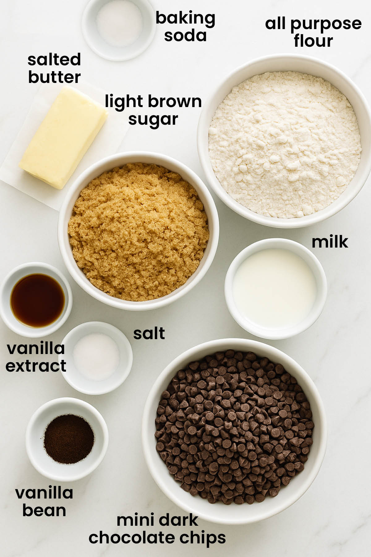 individual ingredients for vanilla sea salt chocolate chip cookies laid out against a white background.