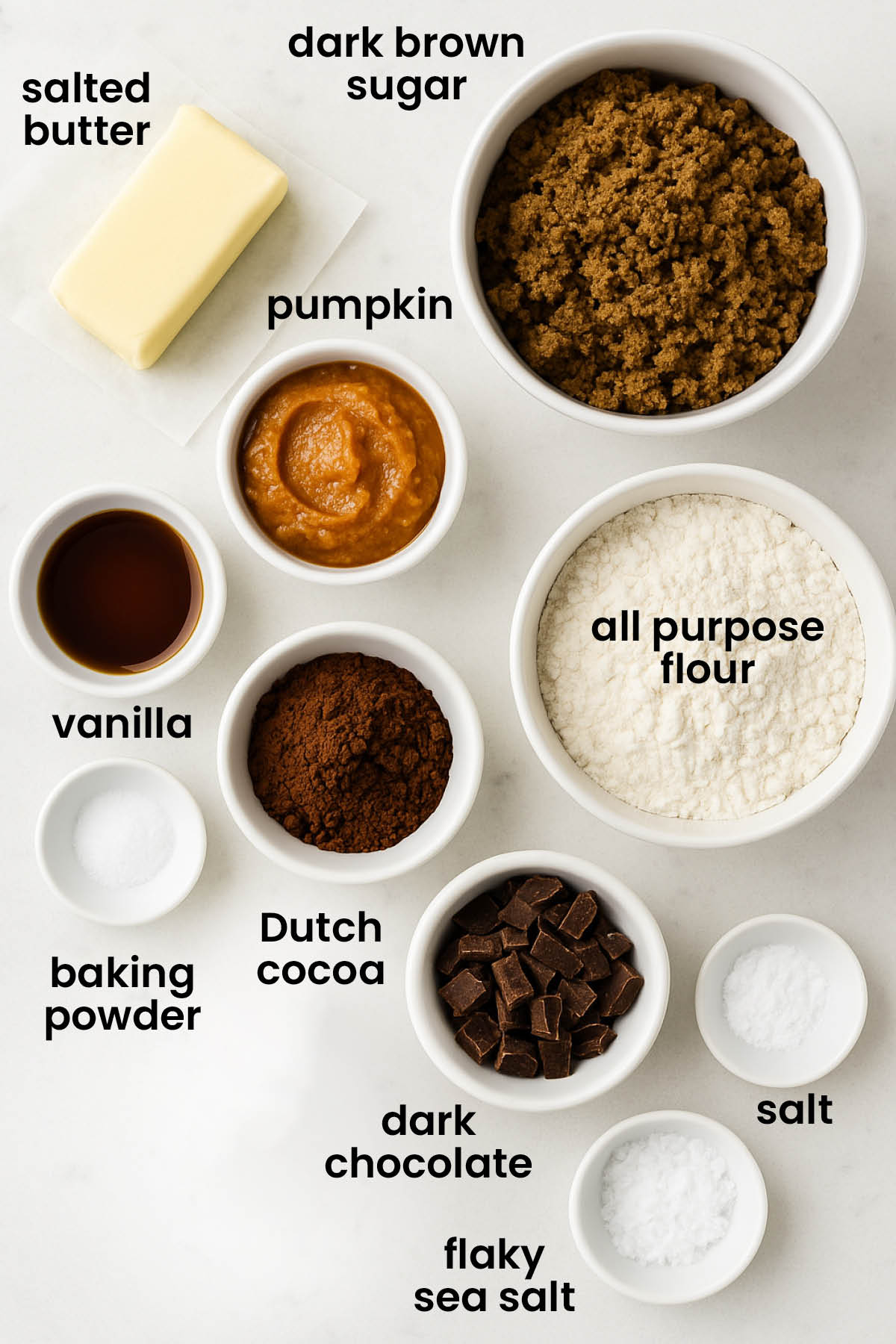individual ingredients for big chocolate cookie laid out against a white background.