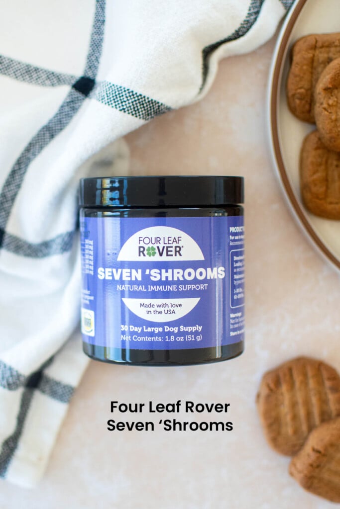 four leaf rover seven shrooms mushroom powder on a countertop.