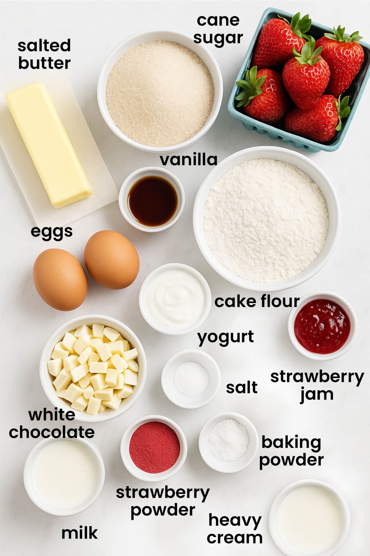 individual ingredients for strawberry snack cake laid out against a white background.