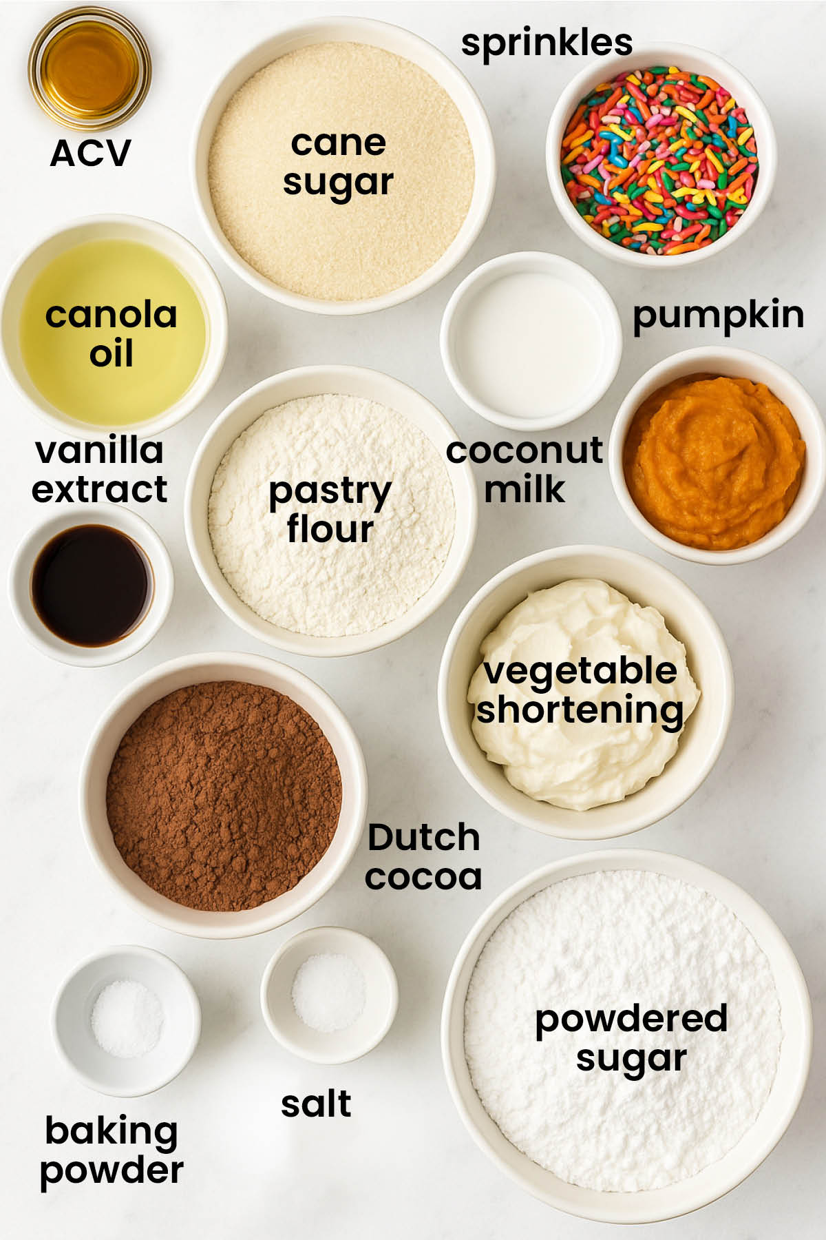 individual ingredients for vegan chocolate cupcakes laid out against a white background.