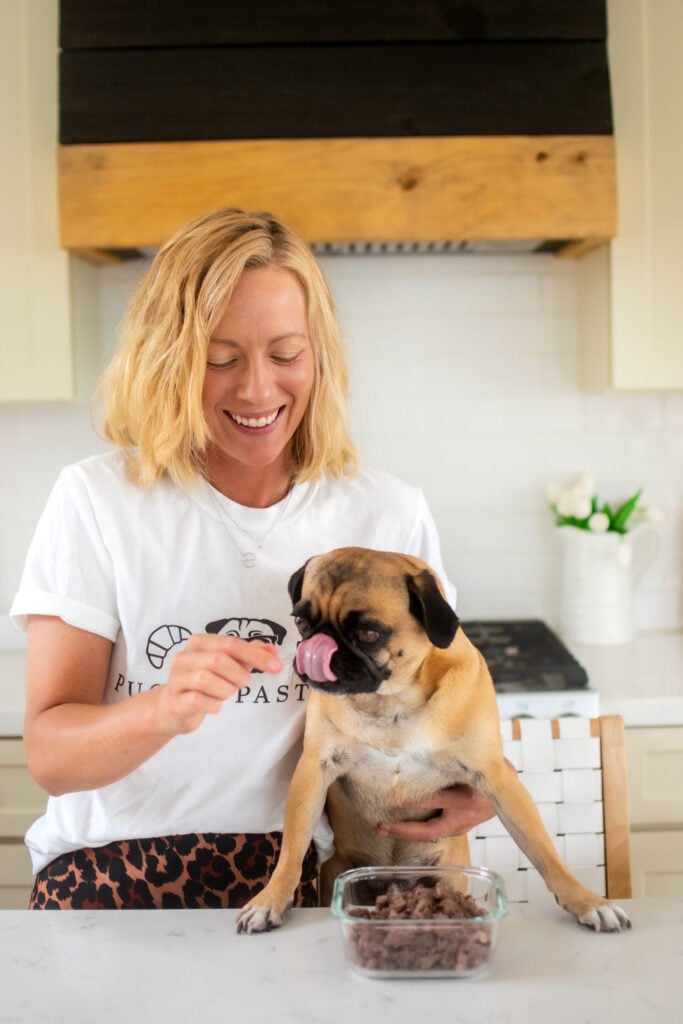 woman in kitchen feeding pug beef dog treats
