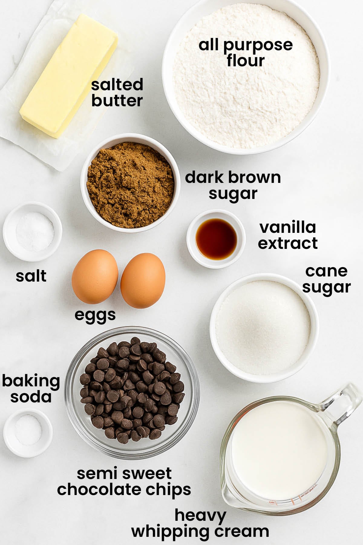 individual ingredients for caramel chocolate chip cookies with homemade caramel laid out against a white background.
