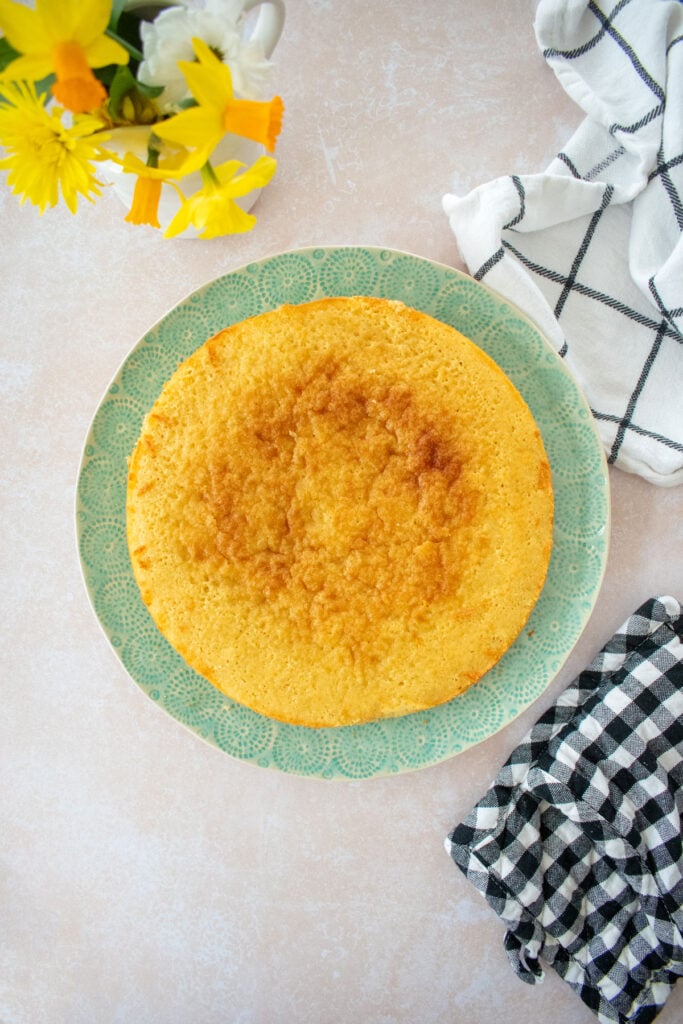 plain vanilla cake on a green plate.