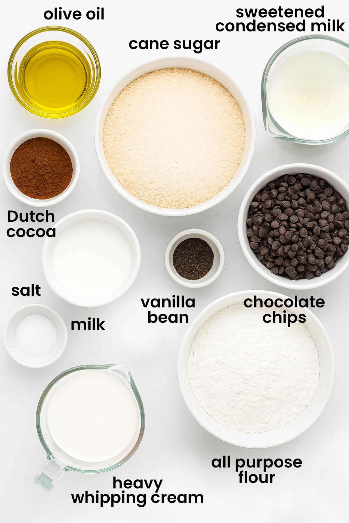 individual ingredients for olive oil brownie ice cream sandwiches laid out against a white background.