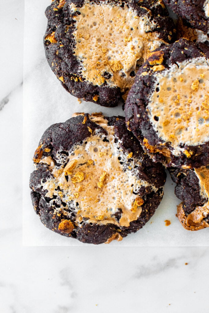 bakery style chocolate smore cookies with fluff