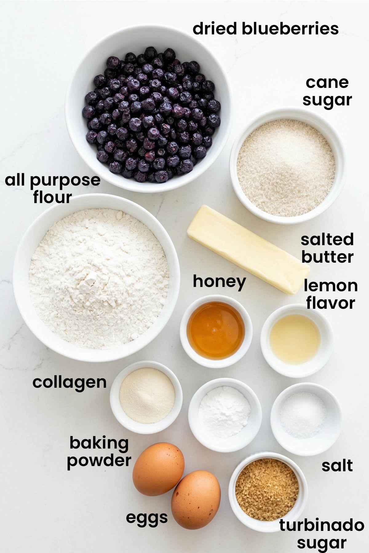 individual ingredients for lemon blueberry protein cookies with collagen laid out against a white background.