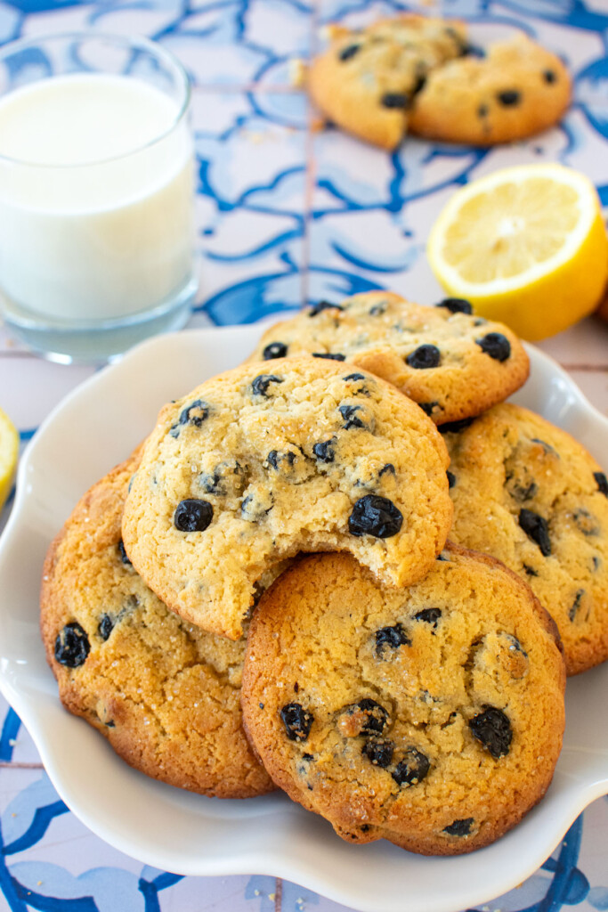 lemon blueberry protein cookies with collagen on a plate.
