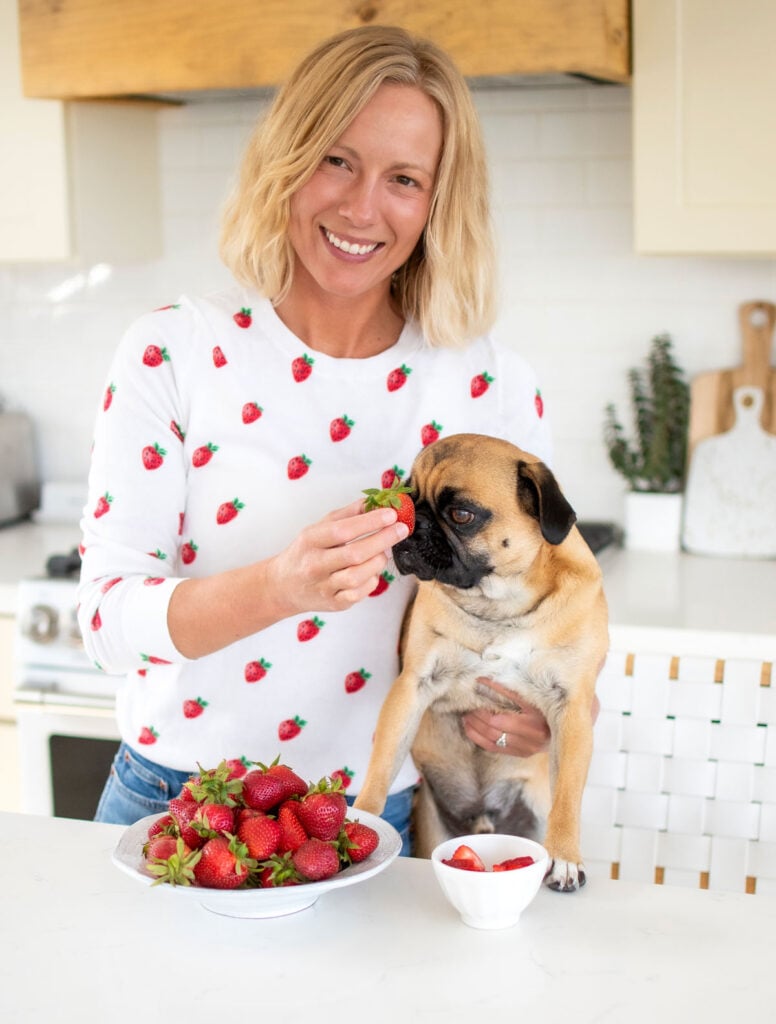 woman in kitchen with pug eating strawberries