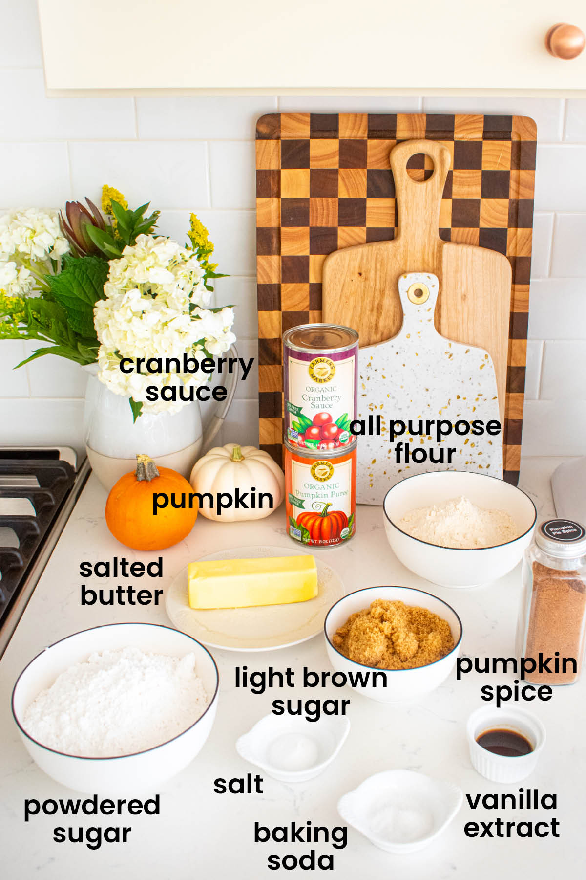 individual ingredients for pumpkin spice cranberry sandwich cookies laid out on a white marble kitchen counter.