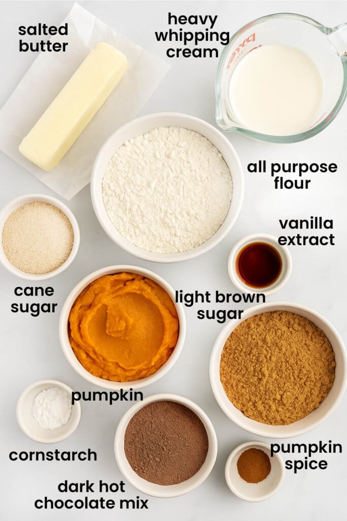 individual ingredients for chocolate pumpkin pie without eggs laid out against a white background.