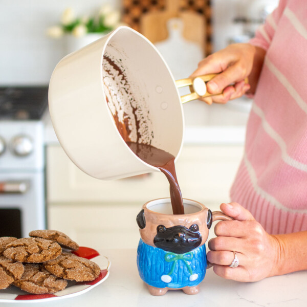 our place pot pouring hot cocoa into a pug mug at the kitchen counter.
