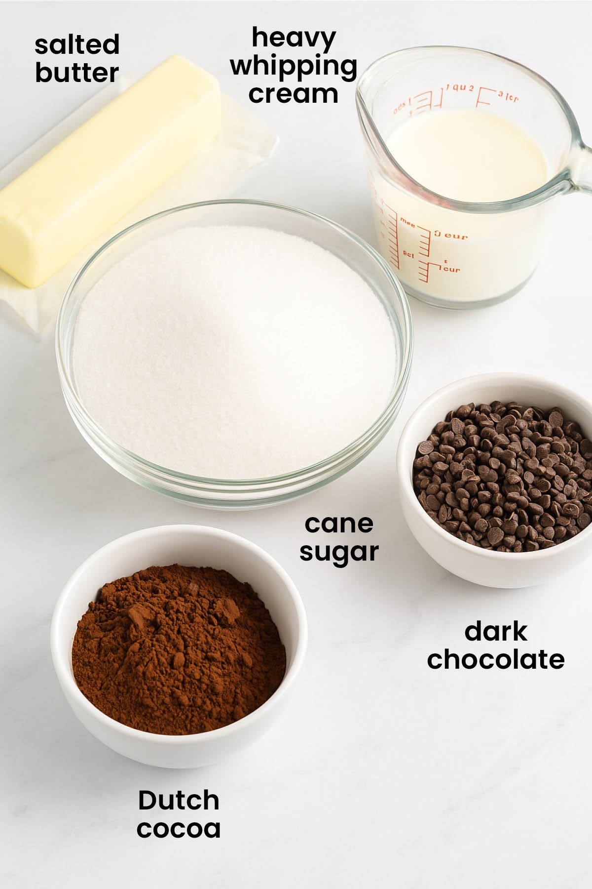 individual ingredients for chewy chocolate caramel candy laid out against a white background.