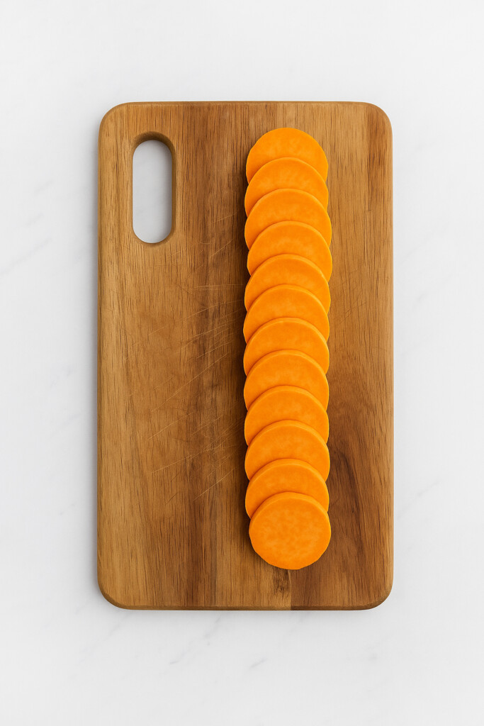 peeled sweet potato cut into slices on a wood cutting board on a white marble counter.