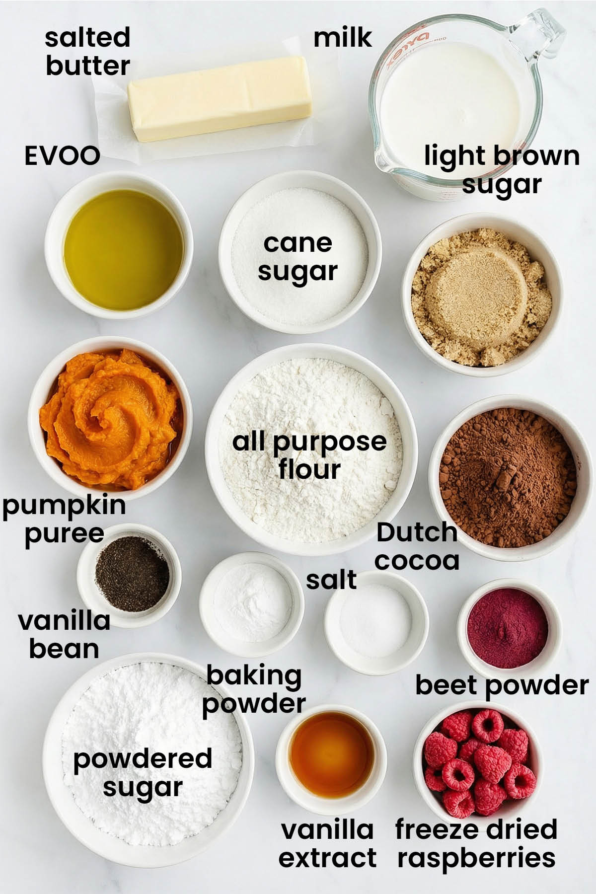 individual ingredients for eggless chocolate heart cake laid out against a white background.