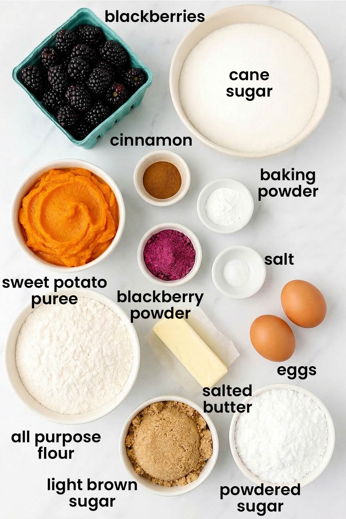 individual ingredients for blackberry sweet potato muffins laid out against a white background.