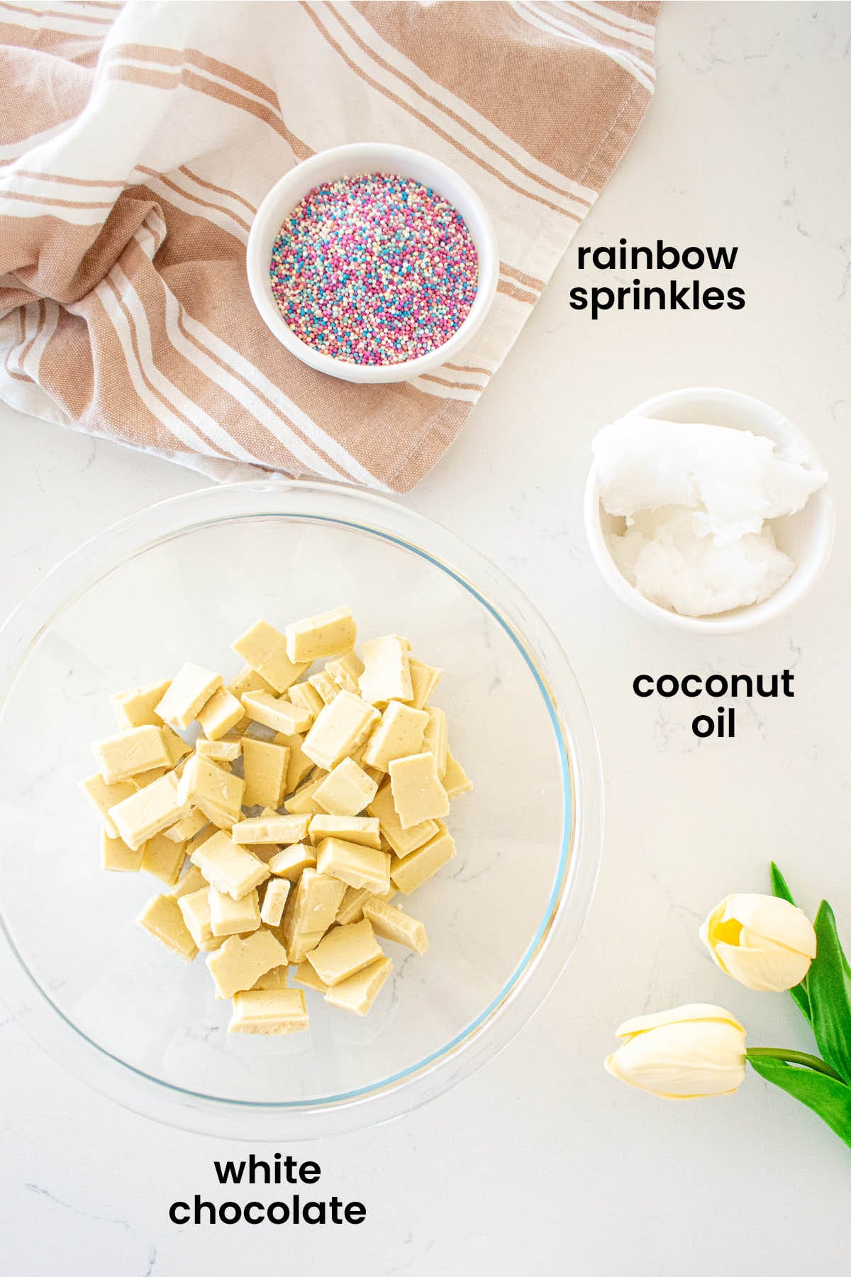 individual ingredients for homemade funfetti magic shell laid out against a white background.