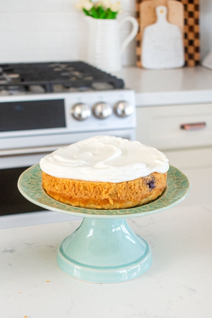 dog birthday cake being assembled with greek yogurt frosting on a cake pedestal on the kitchen counter.