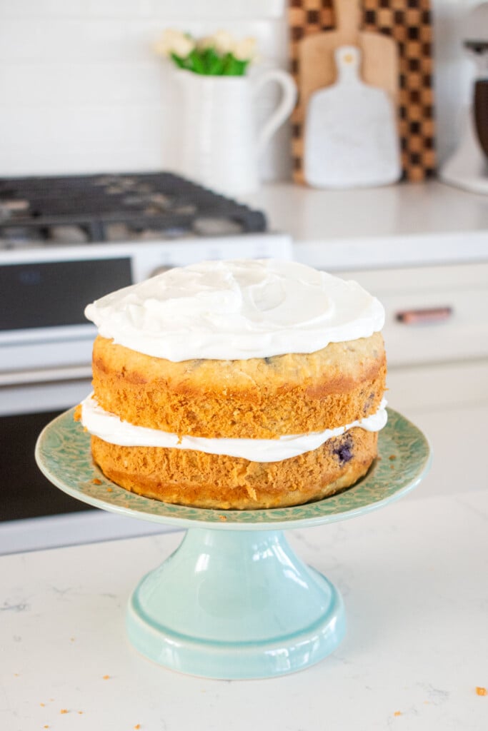 dog birthday cake being assembled with greek yogurt frosting on a cake pedestal on the kitchen counter.