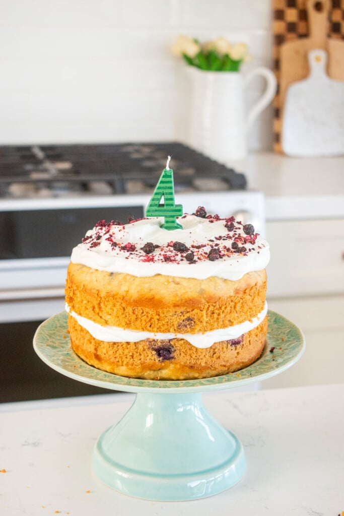 dog birthday cake with greek yogurt frosting and freeze dried blueberries with a number 4 candle on a cake pedestal.