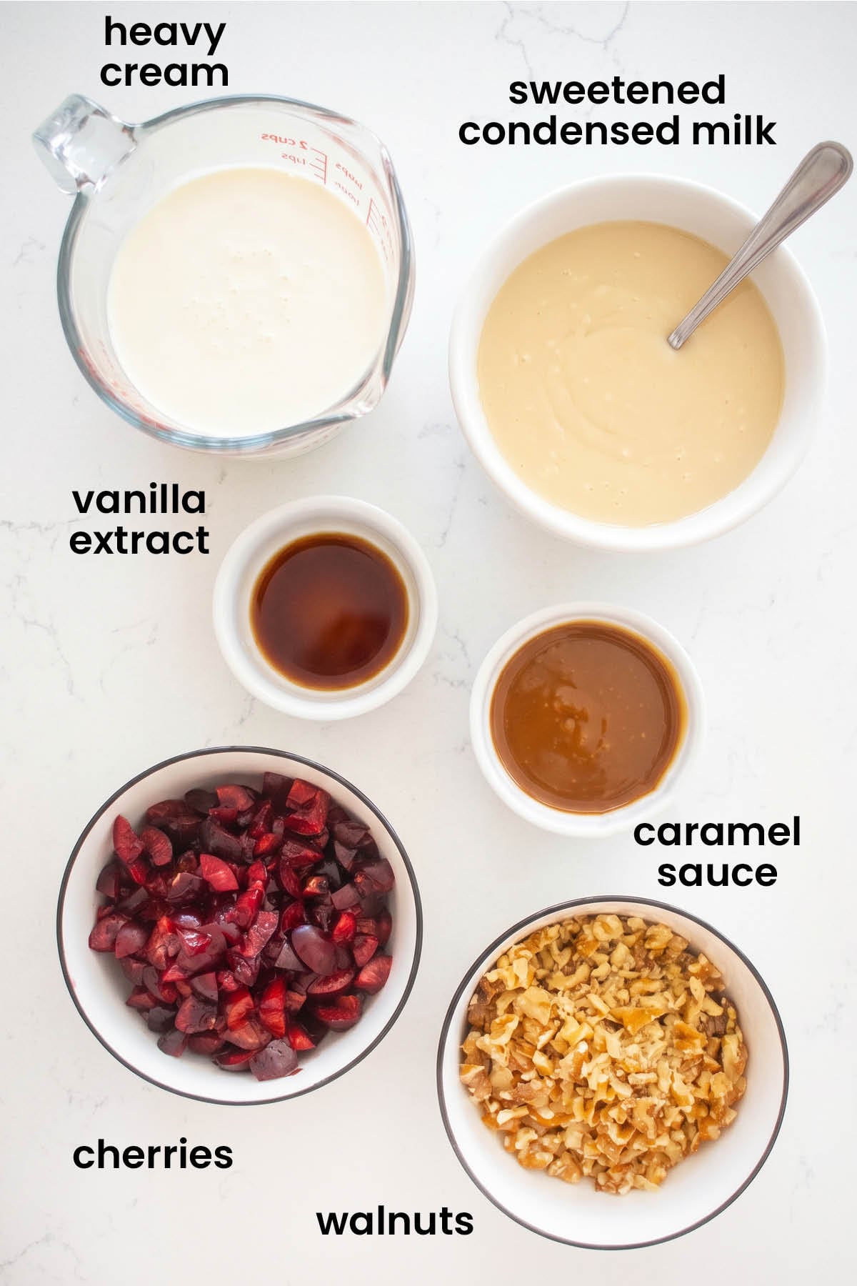 individual ingredients for palmer house ice cream laid out against a white background.