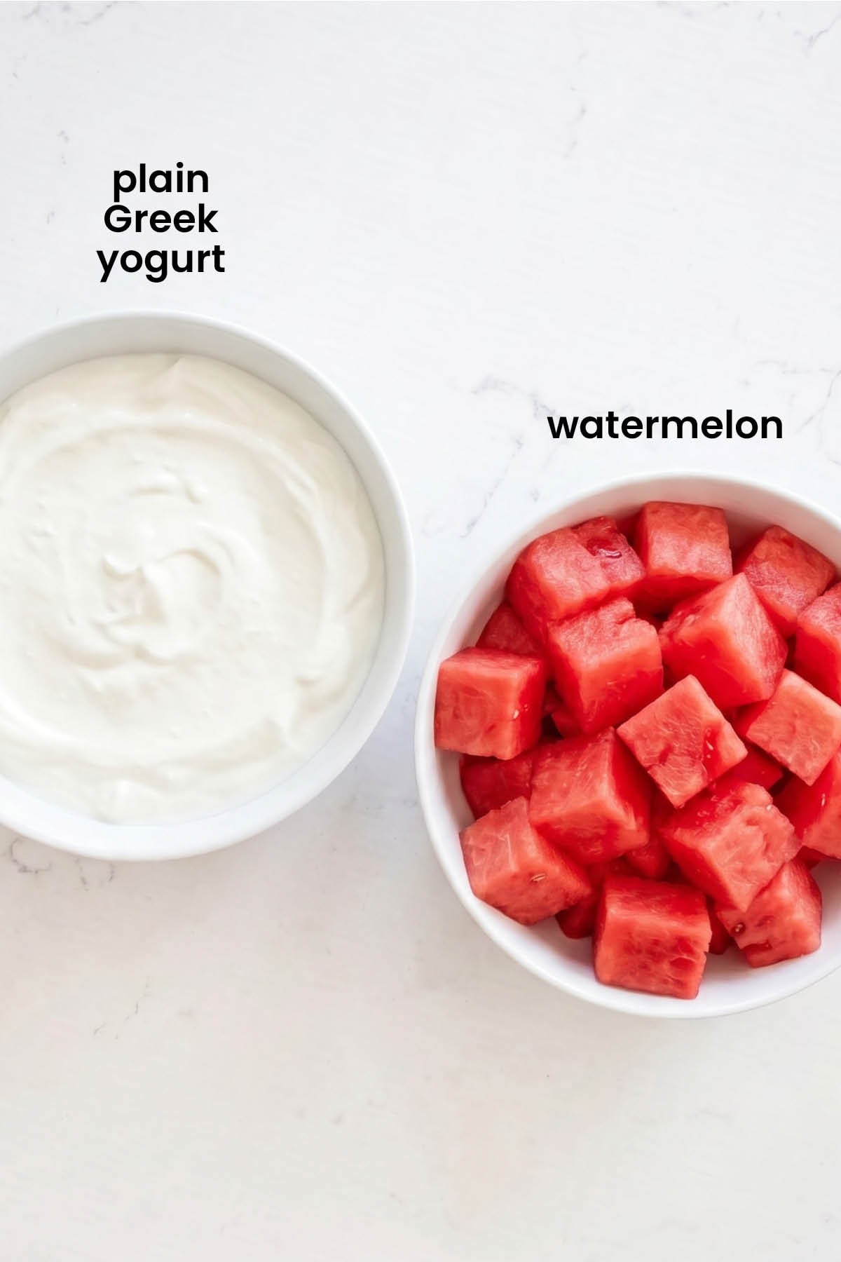 individual ingredients for watermelon dog popsicles laid out against a white background.