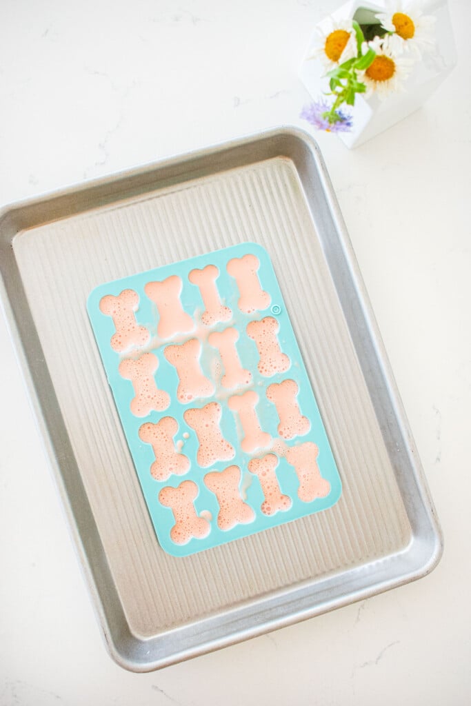 baking sheet with dog bone mold that is filled with watermelon mixture on a marble counter.