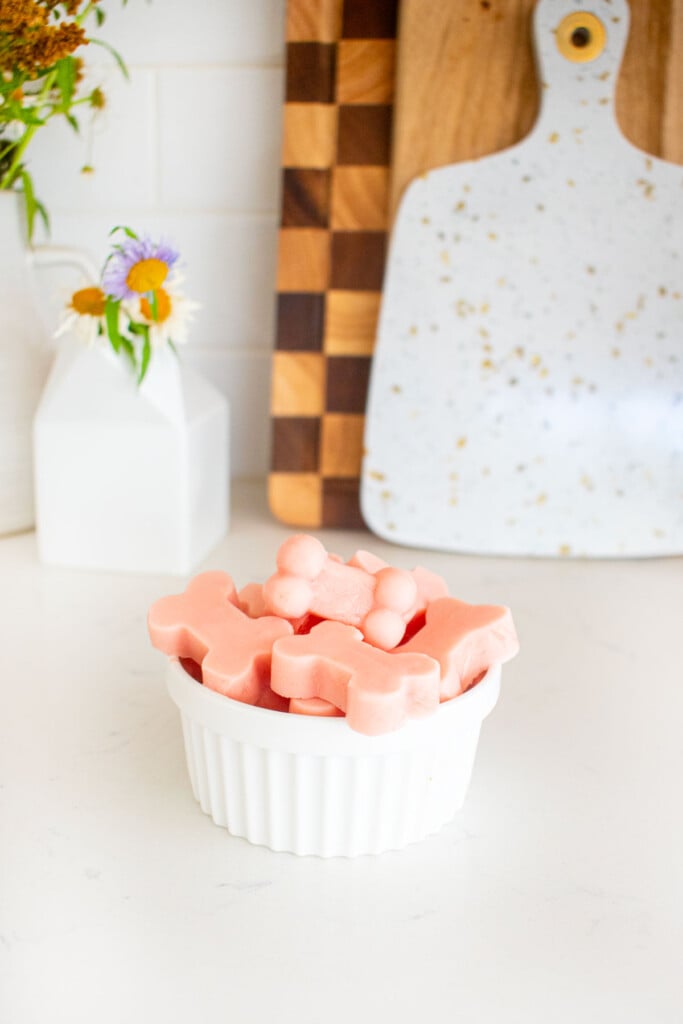 watermelon dog popsicles shaped like bones in a small dish on a marble counter.
