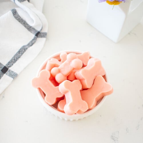 watermelon dog popsicles shaped like bones in a small dish on a marble counter.