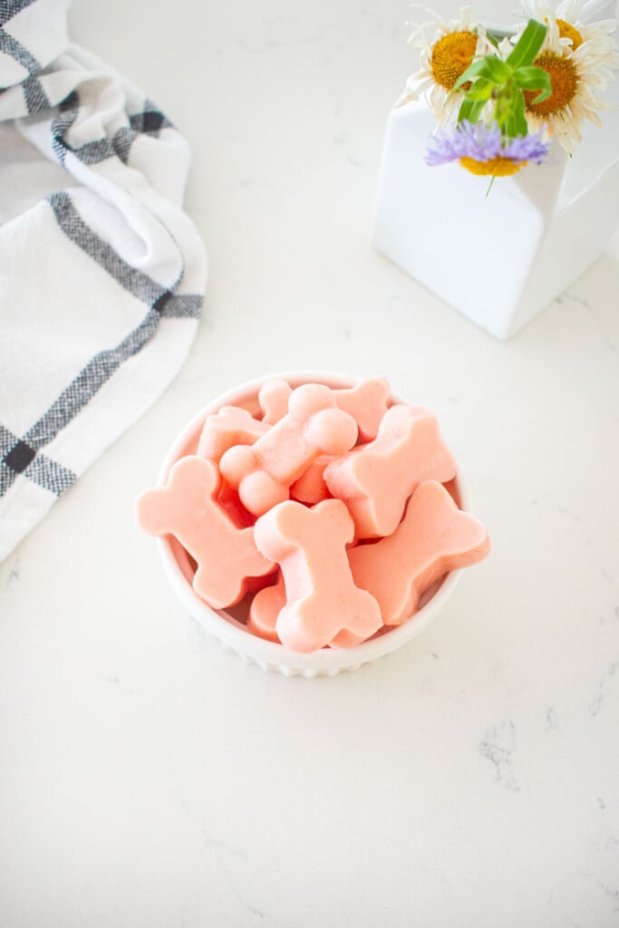 watermelon dog popsicles shaped like bones in a small dish on a marble counter.