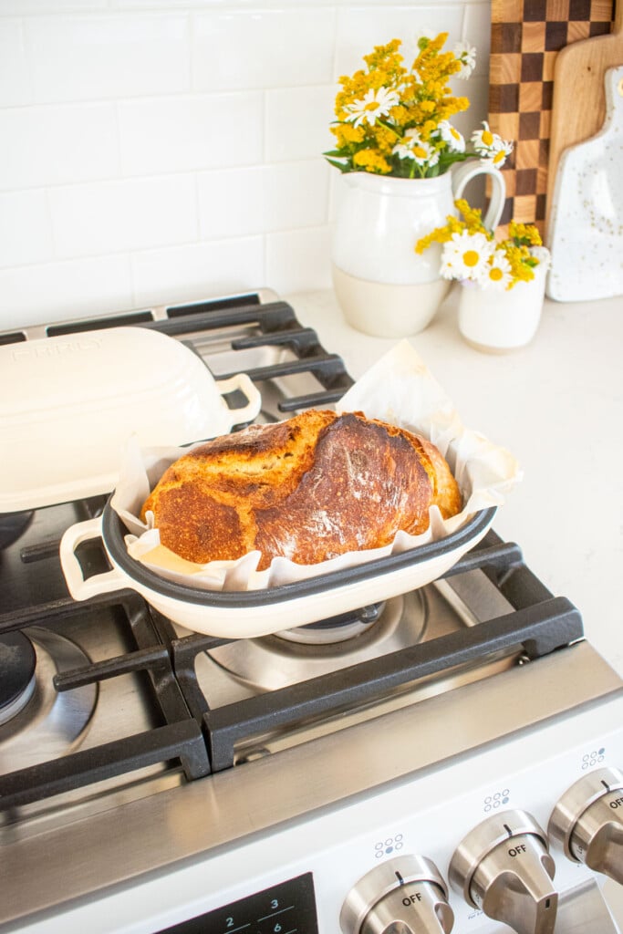 golden brown baked sourdough discard bread with bone broth in a bread oval cooling on top of an oven.