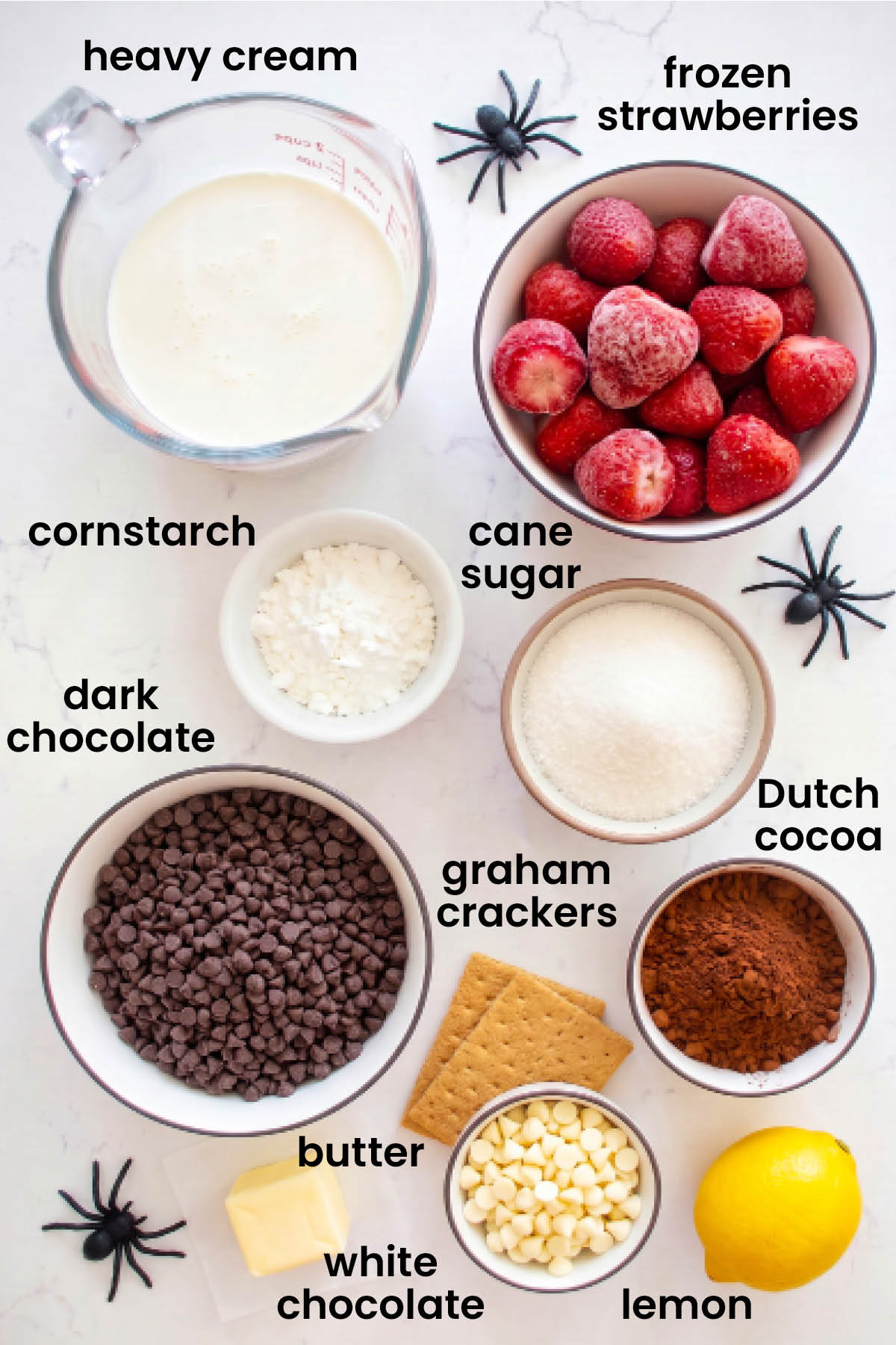 individual ingredients for spider web chocolate strawberry tart laid out against a white background.