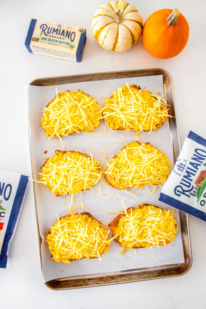 baking sheet with slices of bread spread with pumpkin garlic butter and shredded cheese on a marble counter with tiny pumpkins and bags of shredded cheese.