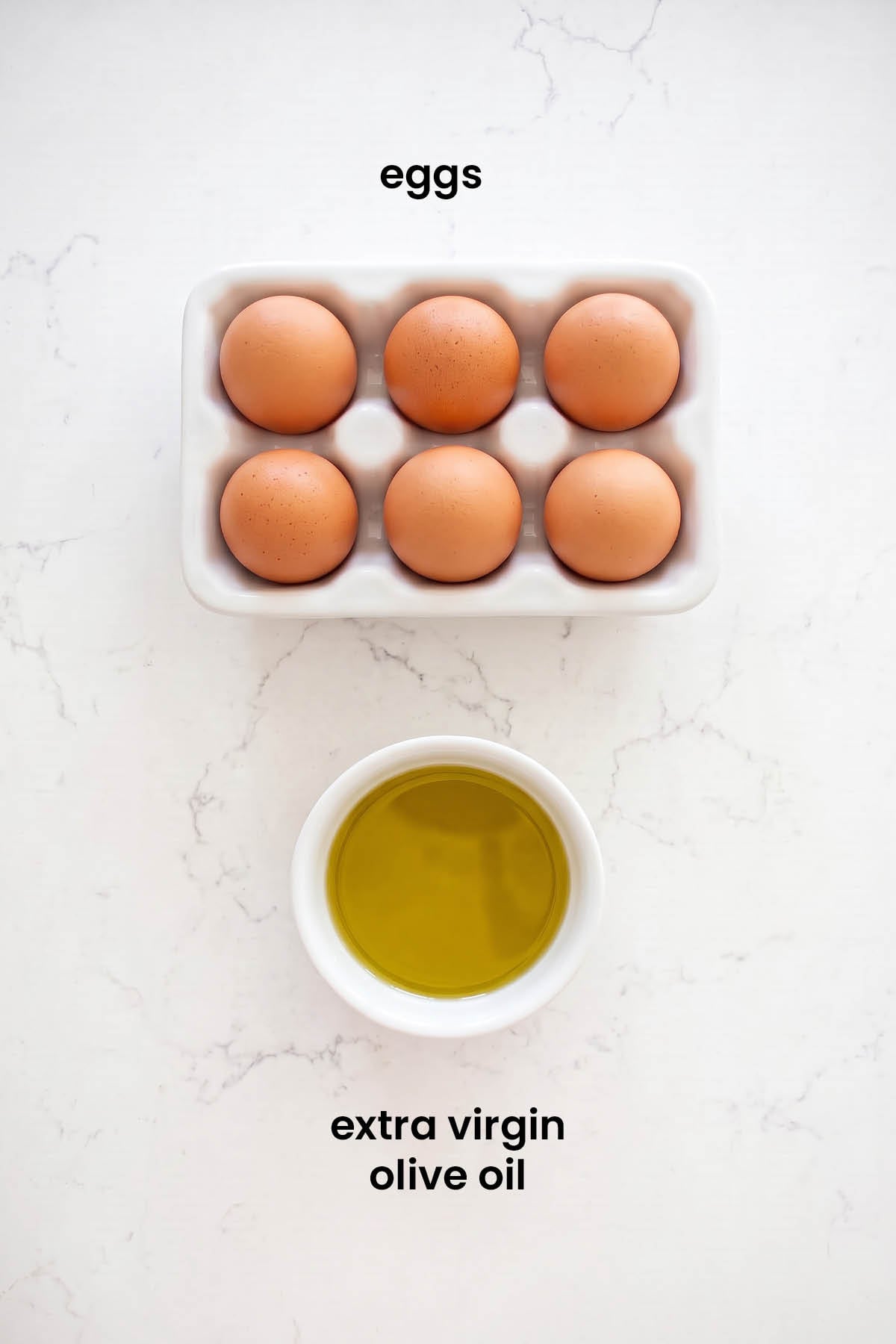 individual ingredients for how to cook eggs for dogs laid out against a white background.
